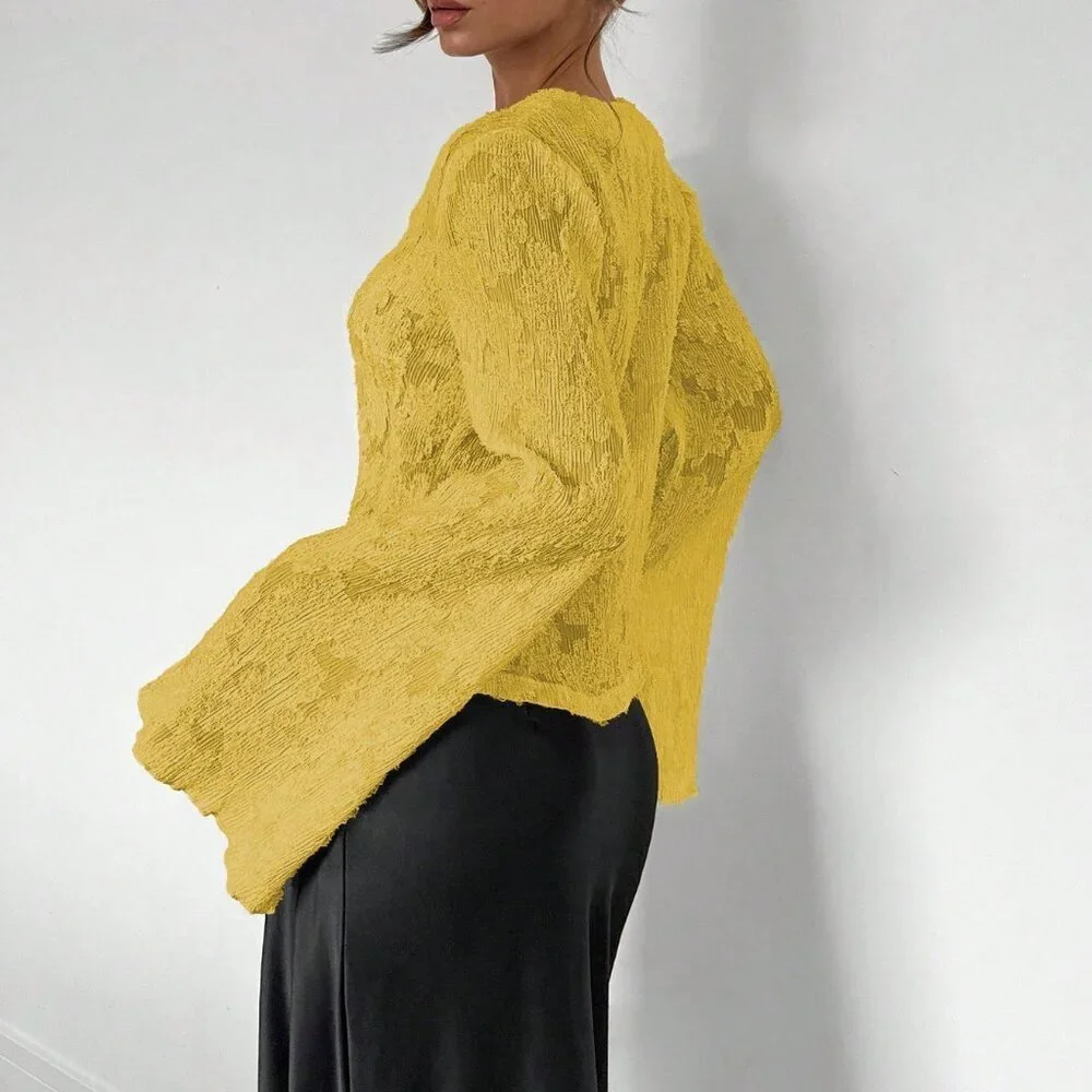 Yellow Elegant Women's Romantic Flare Sleeve Fitted Blouse